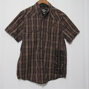 Harley-Davidson Men's Brown Plaid Embroidered Short Sleeve Button Down Shirt M